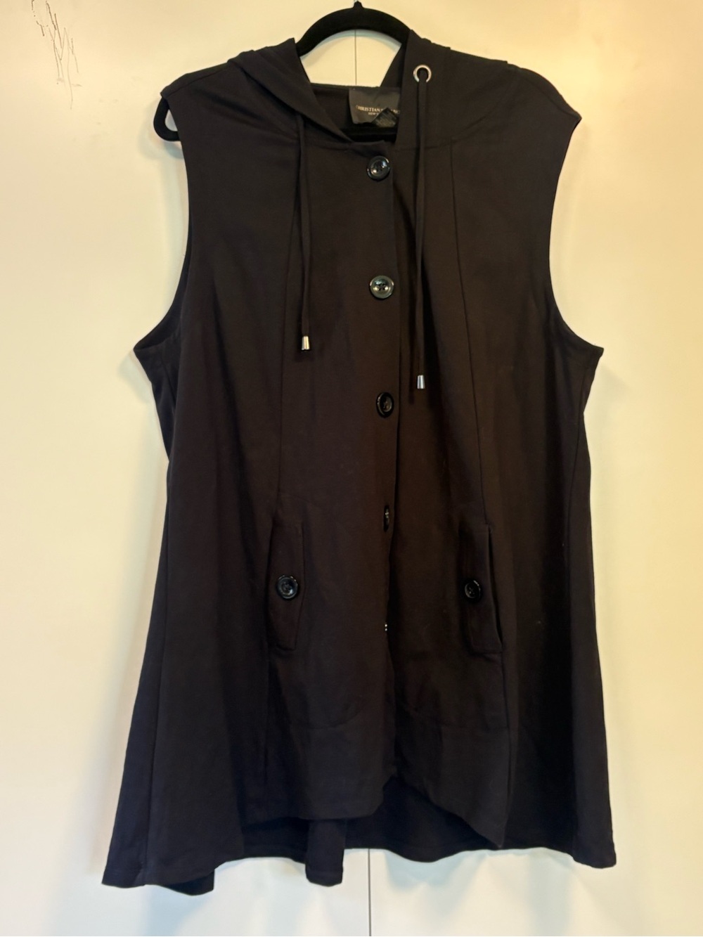 Christian Siriano hooded vest in deep black featuring a button-down front 1X